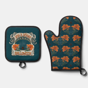 Spooky Halloween Spiders & Lily Vintag Viktorianis Ofenhandschuh & Topflappen-Set