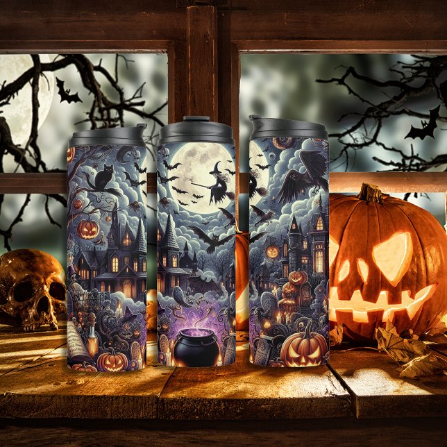 Spooky Halloween Spuk Haus Hexe und Kürbis Thermosbecher (Spooky Halloween haunted house Witch and Pumpkins Thermal Tumbler)