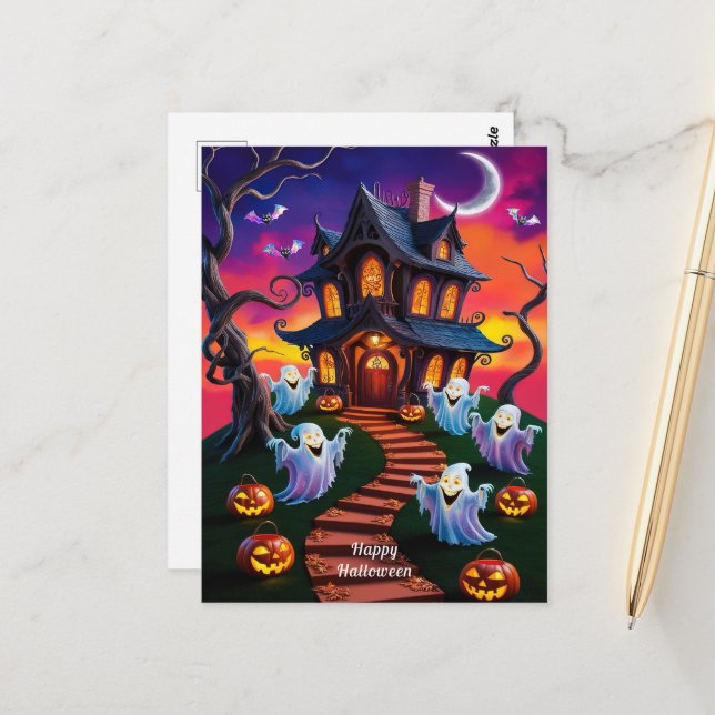 Spooky Halloween Spuk House Illustration Postkarte (Vorderseite/Rückseite Beispiel)