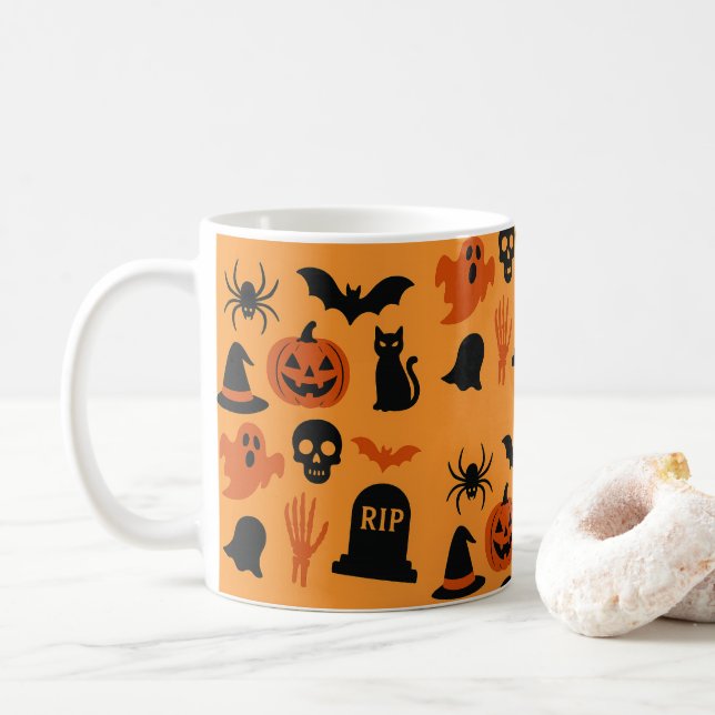 Spooky Halloween Tasse - Schwarz & Orange (Mit Donut)