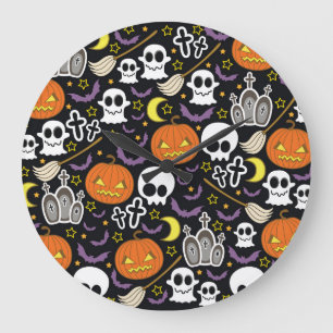 Spooky Halloween: Thematisches Hintergrunddesign. Große Wanduhr