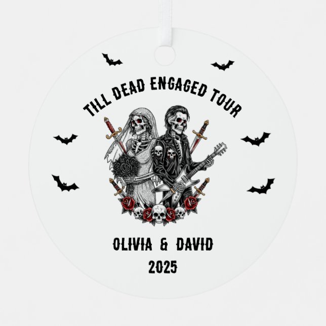 Spooky Halloween Verlobt Rock Skeleton Ornament Aus Metall (Vorderseite)