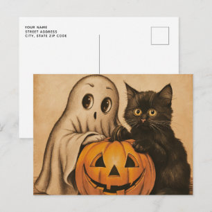 Spooky Halloween Vintag Ghost Black Cat Pumpkin Postkarte