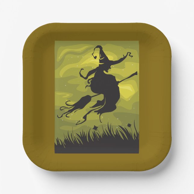 Spooky Halloween Witch Flying on Broomstick Pappteller (Vorderseite)
