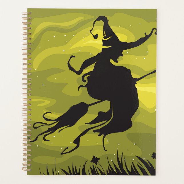 Spooky Halloween Witch Flying on Broomstick Planer (Vorderseite)