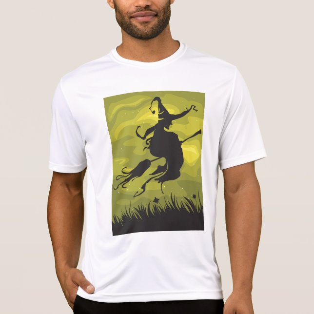 Spooky Halloween Witch Flying on Broomstick T-Shirt (Vorderseite)