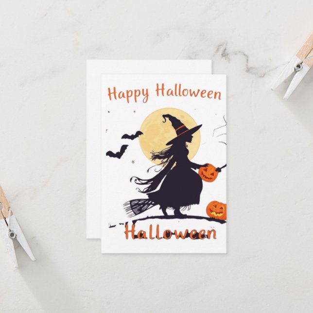 Spooky Halloween Witch Silhouette with Jack-o'-Lan (Vorderseite/Rückseite Beispiel)