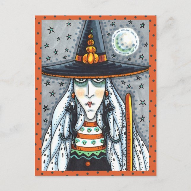 SPOOKY HALLOWEEN WITCH, TRAGEN SCHWARZE KATZJEWELE POSTKARTE (Vorderseite)