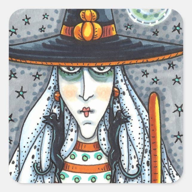 SPOOKY HALLOWEEN WITCH, TRAGEN SCHWARZE KATZJEWELE QUADRATISCHER AUFKLEBER (Vorderseite)