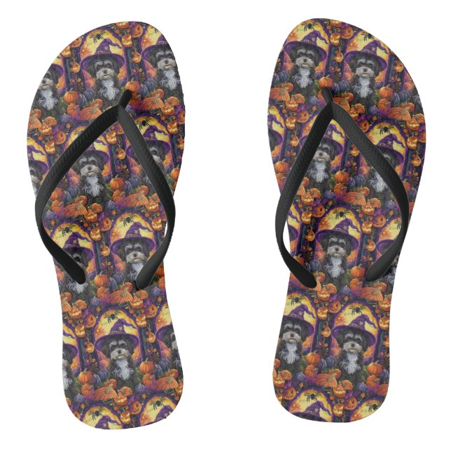 Spooky Havanese Hund Halloween Hexe und Pumpkin Flip Flops (Fußbett)