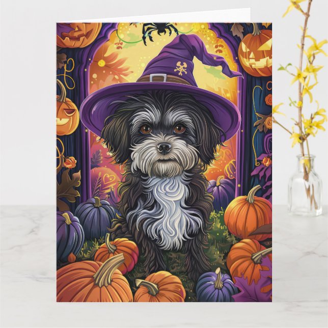 Spooky Havanese Hund Halloween Hexe und Pumpkin Karte (Gelbe Blume)