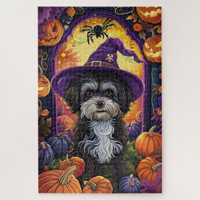 Spooky Havanese Hund Halloween Hexe und Pumpkin Puzzle (Vertikal)