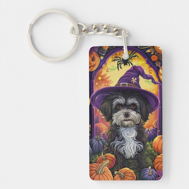 Spooky Havanese Hund Halloween Hexe und Pumpkin Schlüsselanhänger (Vorderseite)