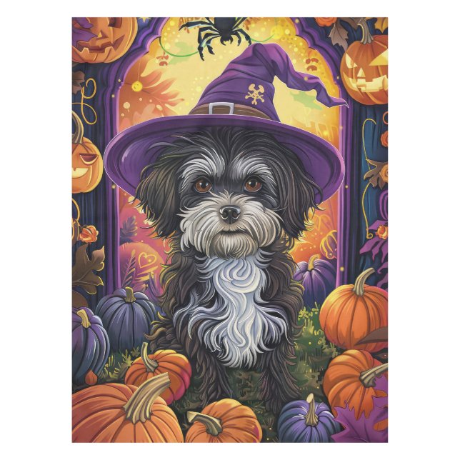 Spooky Havanese Hund Halloween Hexe und Pumpkin Tischdecke (Vorderseite)