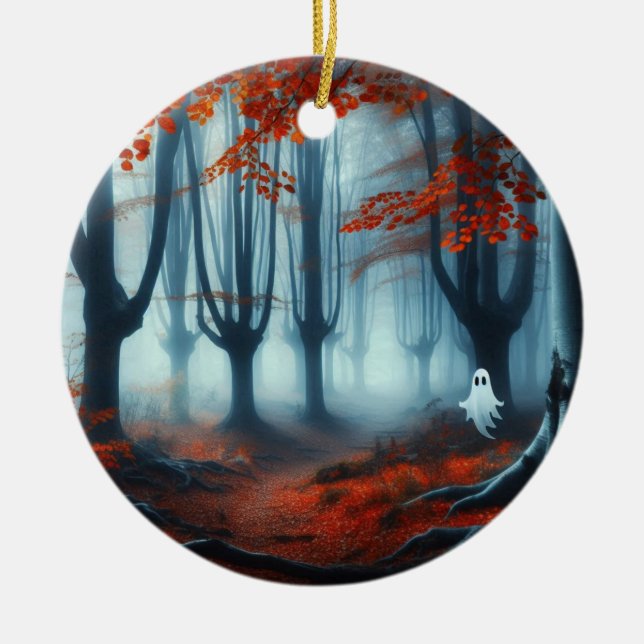 Spooky Herbstwald mit Gespenst Keramik Ornament (Vorne)