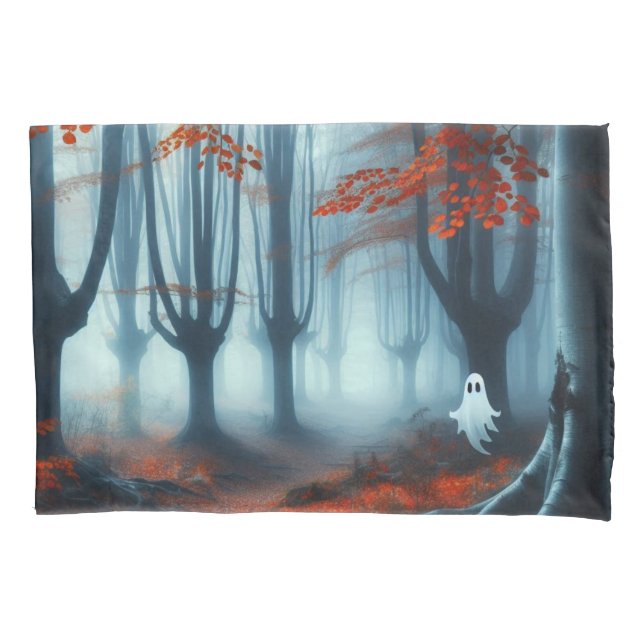 Spooky Herbstwald mit Gespenst Kissenbezug (Vorderseite)
