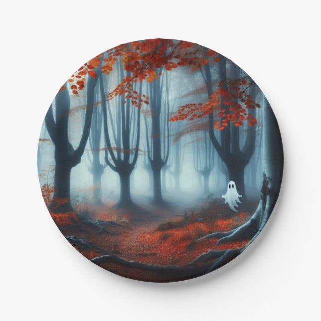 Spooky Herbstwald mit Gespenst Pappteller (Vorderseite)