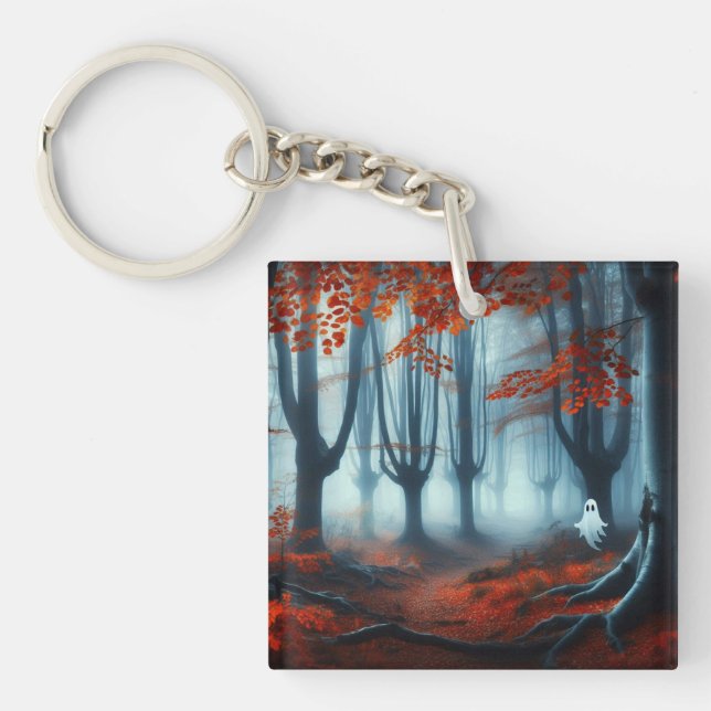 Spooky Herbstwald mit Gespenst Schlüsselanhänger (Vorderseite)