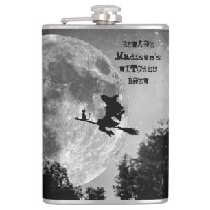 Spooky Hexe auf Broom Full Moon Hexen Braun Name Flachmann