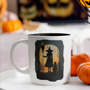 Spooky Hexe Cat Broom Glasing Moon Halloween Zweifarbige Tasse