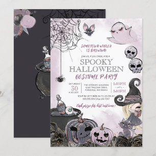 Spooky Hexe Lila Schwarzes Halloween-Kostüm-Party Einladung