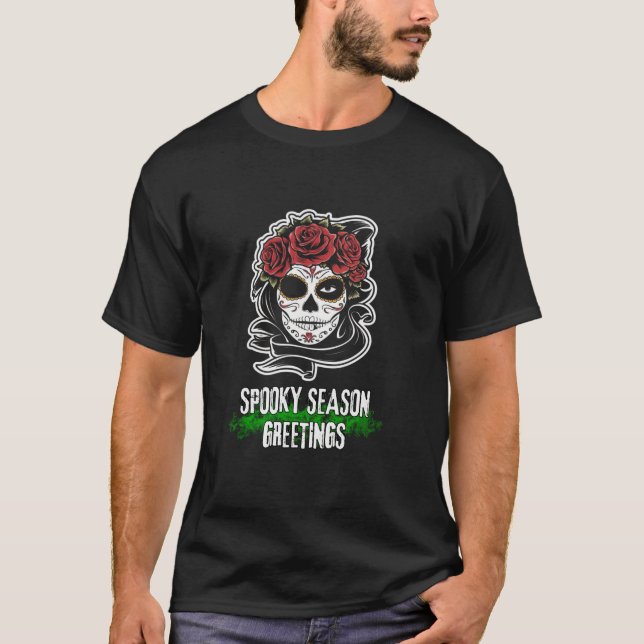 Spooky Hispanic Halloween Jahreszeit Grüße Rote Ro T-Shirt (Vorderseite)