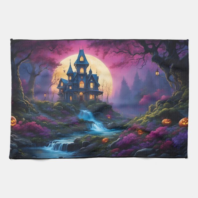 Spooky House auf Halloween Hill Geschirrtuch (Horizontal)
