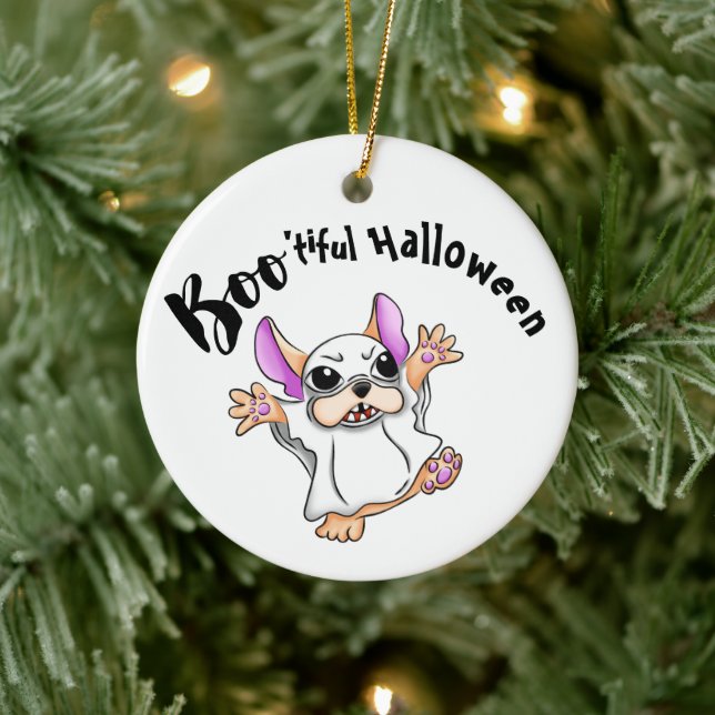 Spooky Hugs: Niedliches Bulldog-Boo-Geisterhaus Keramik Ornament (Baum)