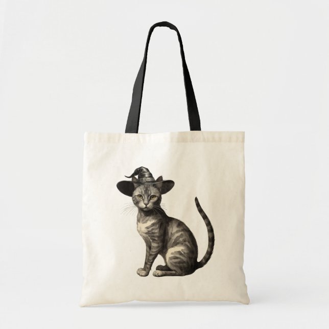 Spooky Katze mit Hexenhut Halloween Tragetasche (Vorne)