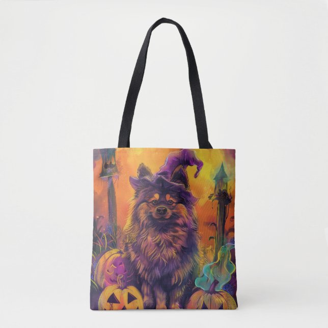 Spooky Keeshond Hund Halloween Hexe und Pumpkin (Vorderseite)