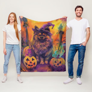 Spooky Keeshond Hund Halloween Hexe und Pumpkin Fleecedecke