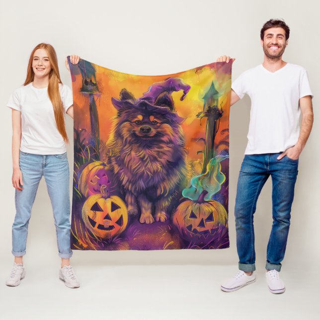 Spooky Keeshond Hund Halloween Hexe und Pumpkin Fleecedecke (Beispiel)