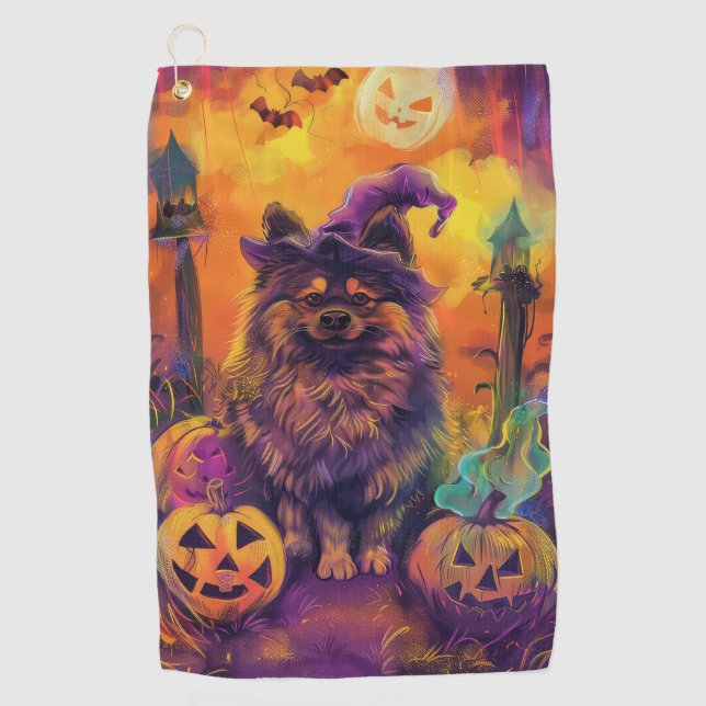 Spooky Keeshond Hund Halloween Hexe und Pumpkin Golfhandtuch (Vorderseite)