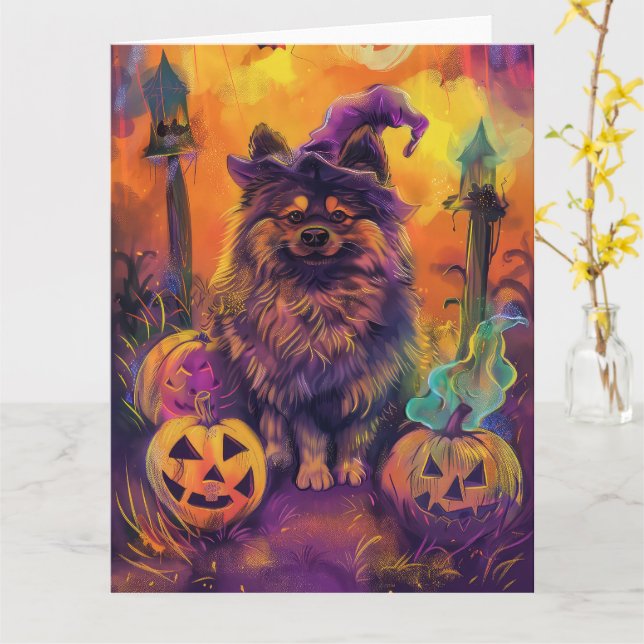 Spooky Keeshond Hund Halloween Hexe und Pumpkin Karte (Gelbe Blume)