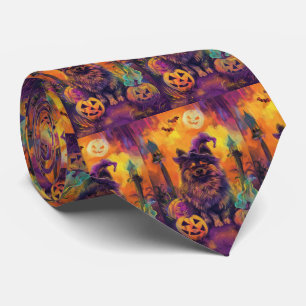 Spooky Keeshond Hund Halloween Hexe und Pumpkin Krawatte