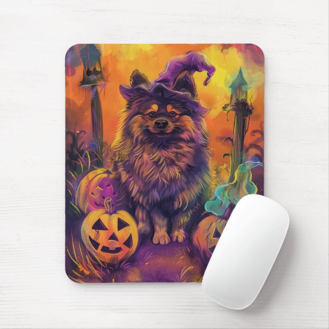 Spooky Keeshond Hund Halloween Hexe und Pumpkin Mousepad (Mit Mouse)