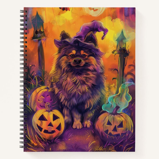 Spooky Keeshond Hund Halloween Hexe und Pumpkin Notizbuch (Vorderseite)