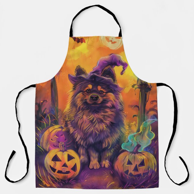 Spooky Keeshond Hund Halloween Hexe und Pumpkin Schürze (Vorderseite)