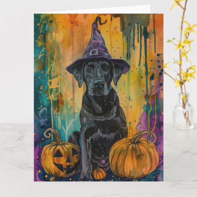 Spooky Labrador Hund Halloween Hexe und Pumpkin Karte (Gelbe Blume)