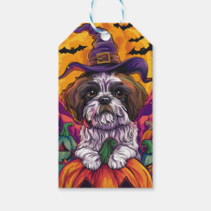 Spooky Malti Tzu Hund Halloween Hexe und Pumpkin Geschenkanhänger