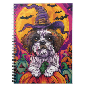 Spooky Malti Tzu Hund Halloween Hexe und Pumpkin Notizblock