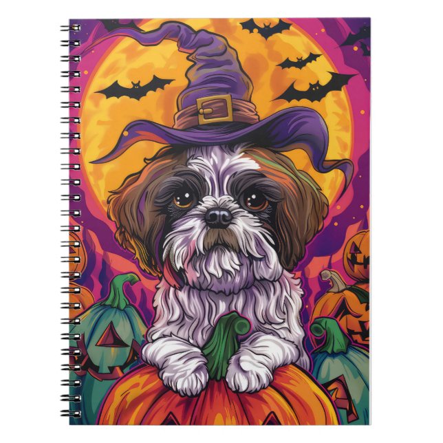 Spooky Malti Tzu Hund Halloween Hexe und Pumpkin Notizblock (Vorderseite)