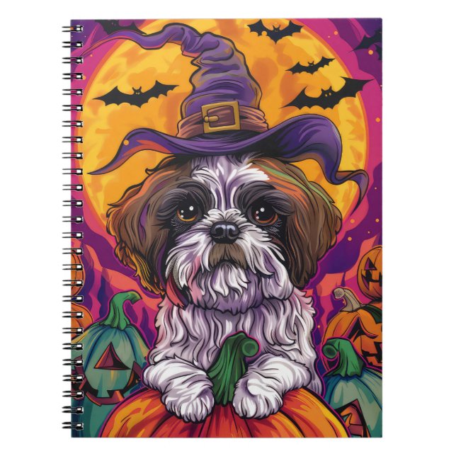 Spooky Malti Tzu Hund Halloween Hexe und Pumpkin Notizblock (Vorderseite)