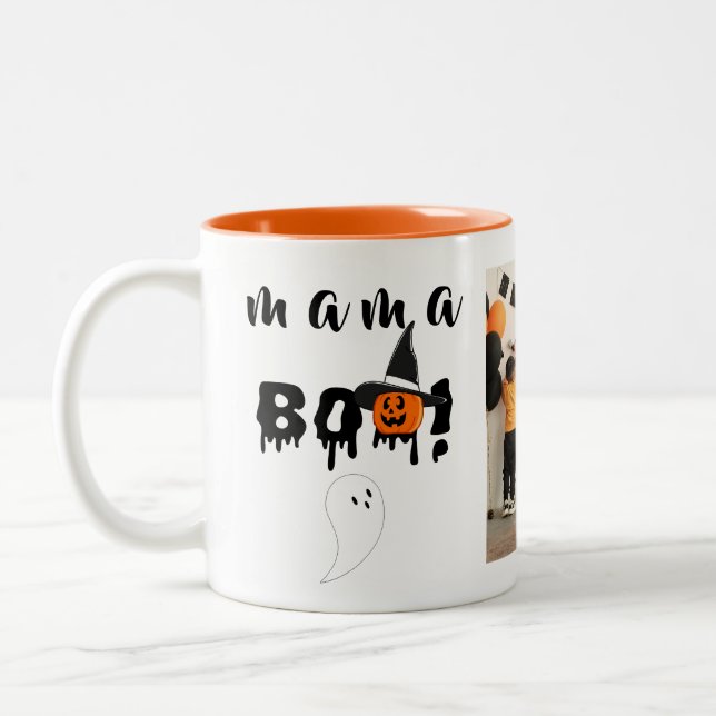 Spooky Mama Boo Orange Halloween Foto Zweifarbige Tasse (Links)