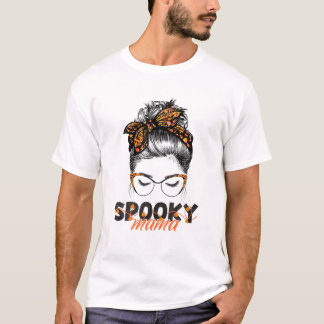 Spooky Mama Leopard Bandana Messy Bun Halloween Co T-Shirt