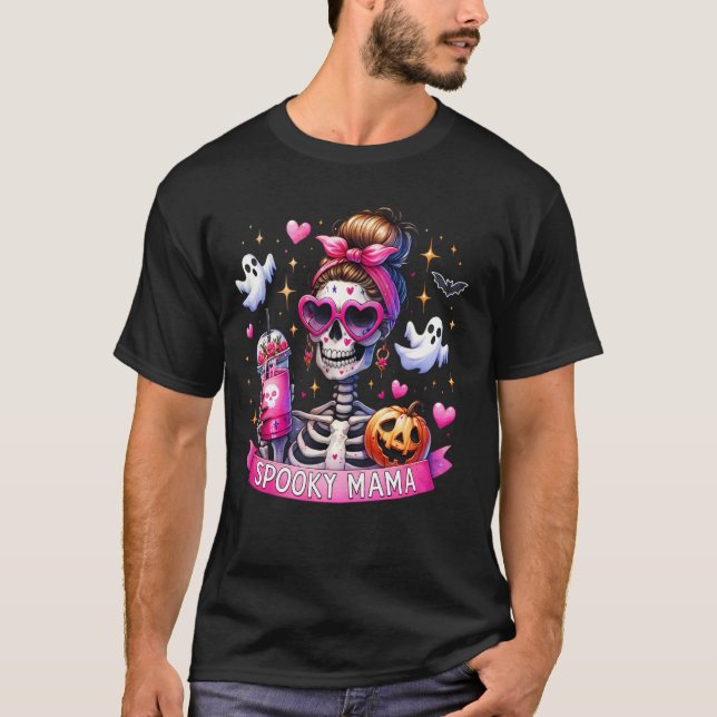 Spooky Mama Skeleton Mama Kaffee Kürbislaterne Hal T-Shirt (Vorderseite)
