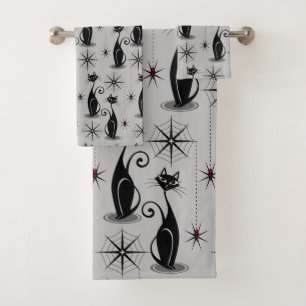 Spooky Meow Retro Atomkatzen auf hellgrau Badhandtuch Set