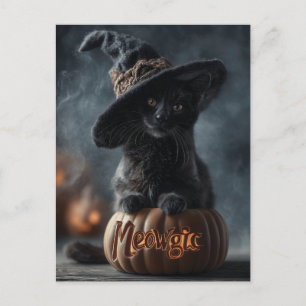 Spooky "Meowgic" Black Cat in einem Hexenhut Feiertagspostkarte