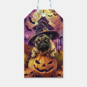 Spooky Mops Halloween Hexe und Kürbis Geschenkanhänger
