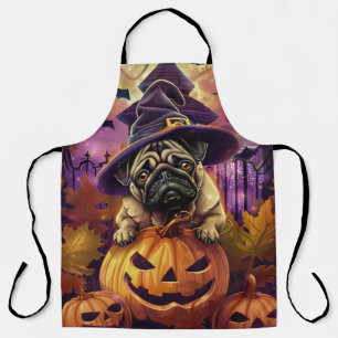 Spooky Mops Halloween Hexe und Kürbis Schürze